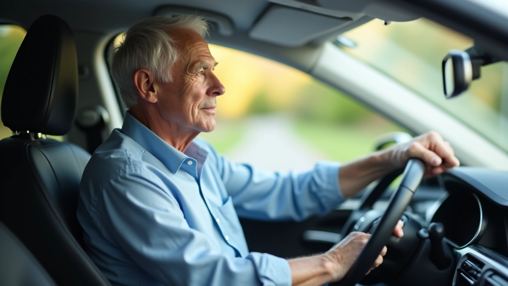 Vyresnio amžiaus vairuotojas automobilyje, sutelktas į saugias važiavimo praktikas