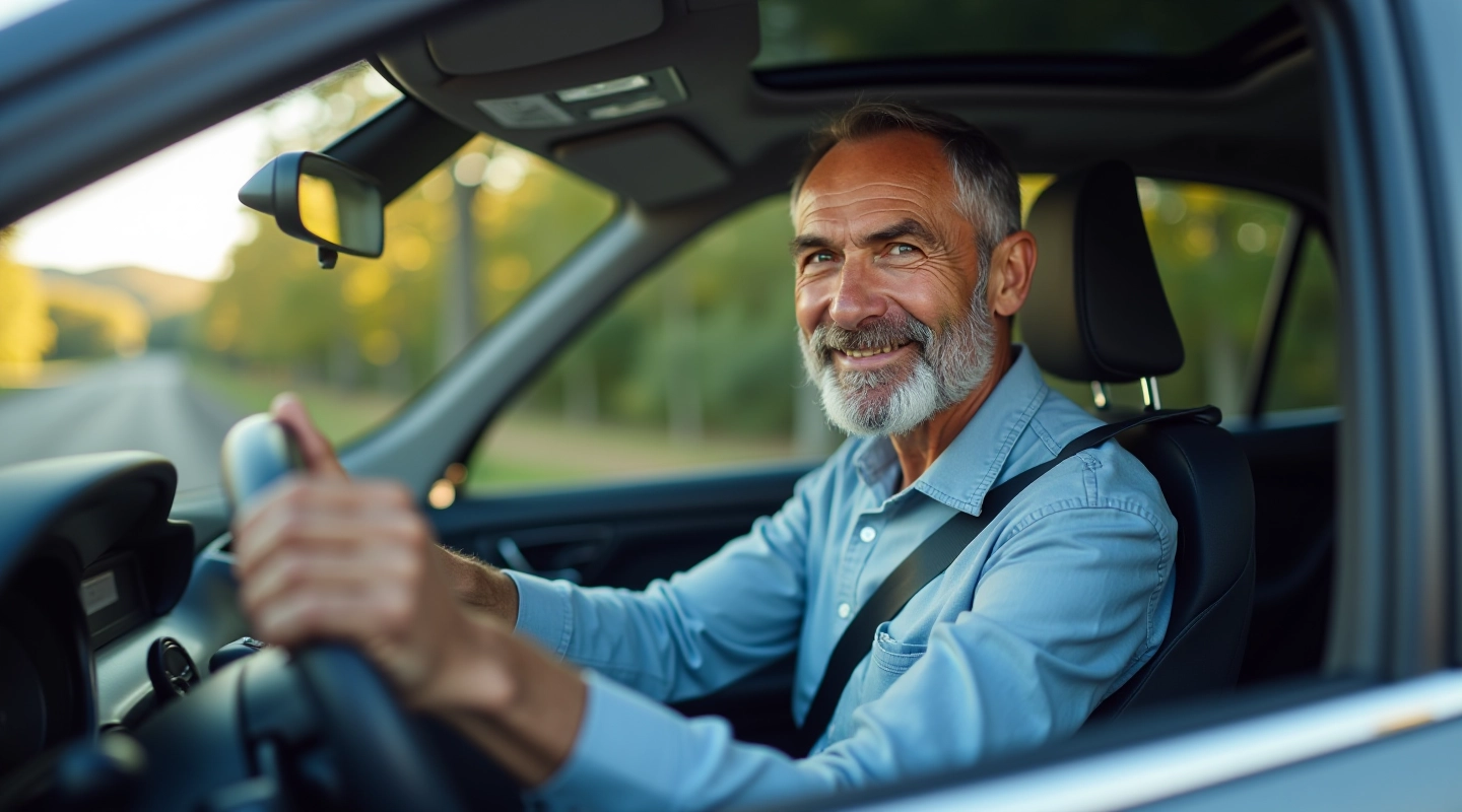 Vyresnio amžiaus vairuotojas sėdi komfortabliame automobilyje su šiuolaikine valdymo sistema