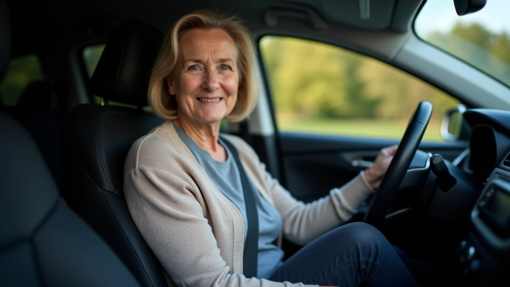 Vyresnio amžiaus moteris sėdi automobilio vairuotojo sėdynėje, reguliuoja sėdynės nugaros atramą